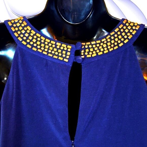 Shelby and Palmer navy blue gold accent Egyptian collar jumpsuit - Picture 5 of 5